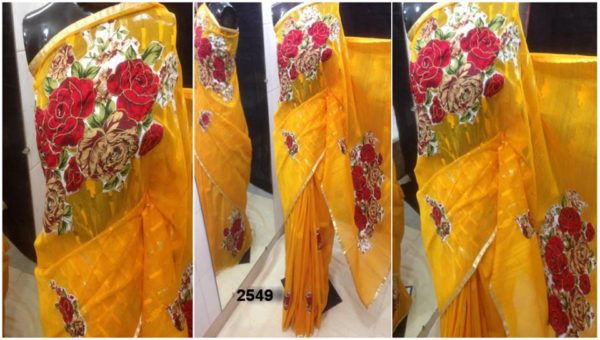 Matching Deep Orange yellow color Jamdani shari Applique Work on Jamdani Shari